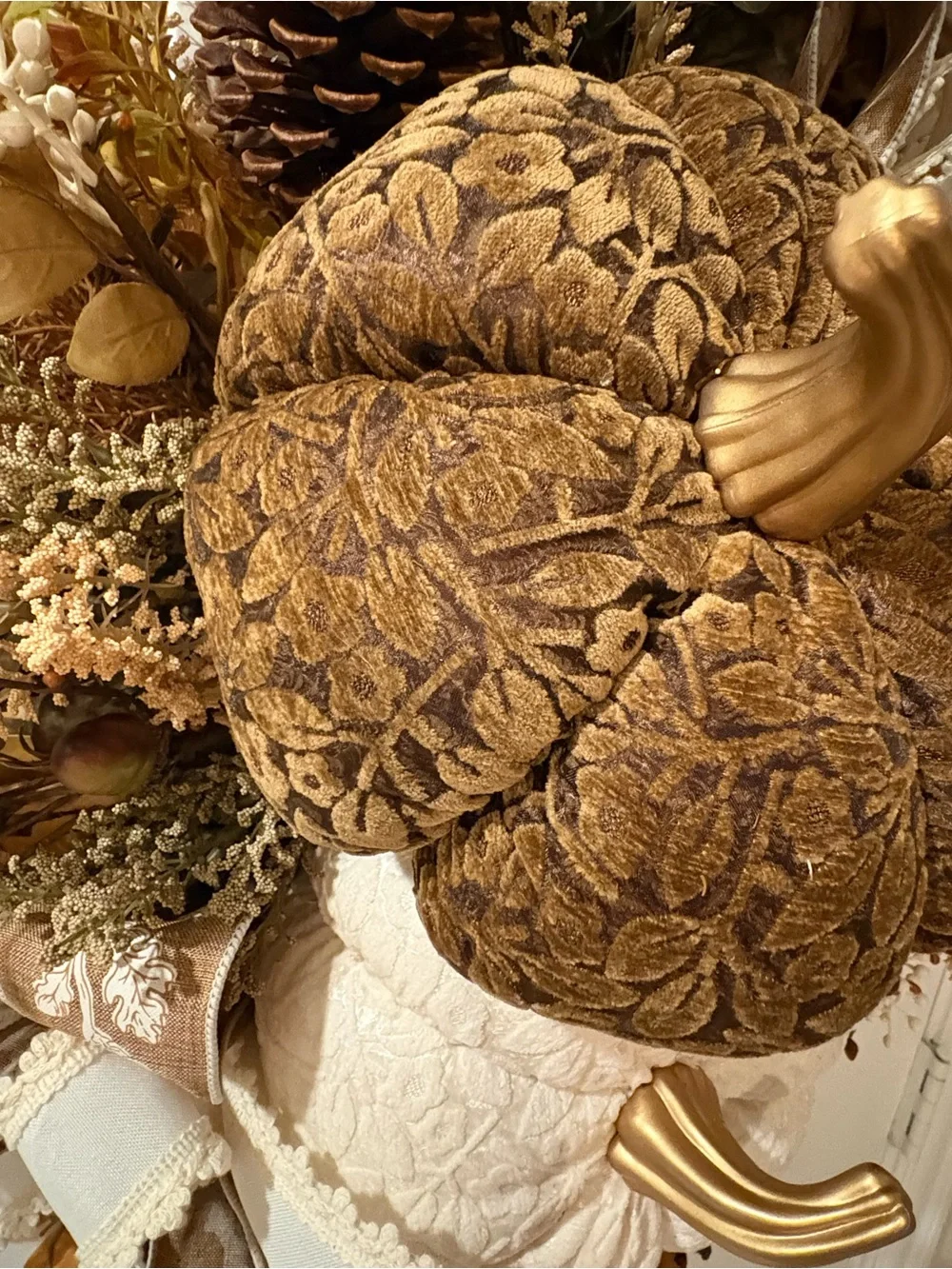 Velvet Pumpkins Fall Wreath, Gold Stems, Lace Ribbon, Luxe Autumn Door Decor